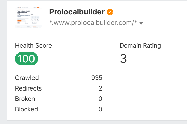 Ahrefs ProLocalBuilder card: Health 100, DR 3, 935 crawled