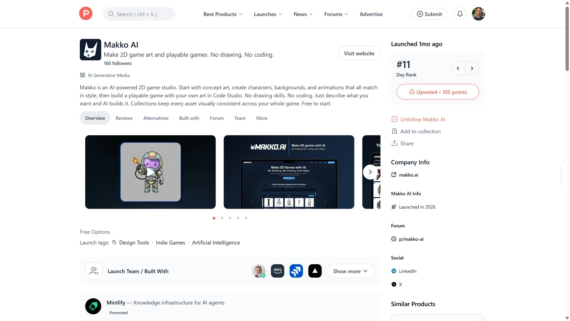 Product Hunt page for Makko AI showing #11 day rank, 105 upvoted points, 160 followers, AI Generative Media category, launched 1 month ago